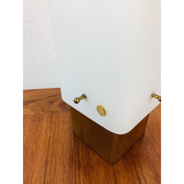 Wood Vintage 1960s Mid Century Modern White Frosted Glass & Wood Table Lamp For Sale - Image 7 of 8