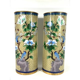 Large Republic Opposing Chinese Cloisonné Cherry Blossom & Blue Bird "Hat Stand Style" Cylindrical Vases, a Pair For Sale