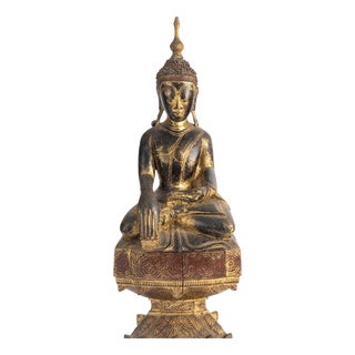Antique Lacquered and Gilded Wooden Sculpture of Seated Buddha, 1800s For Sale