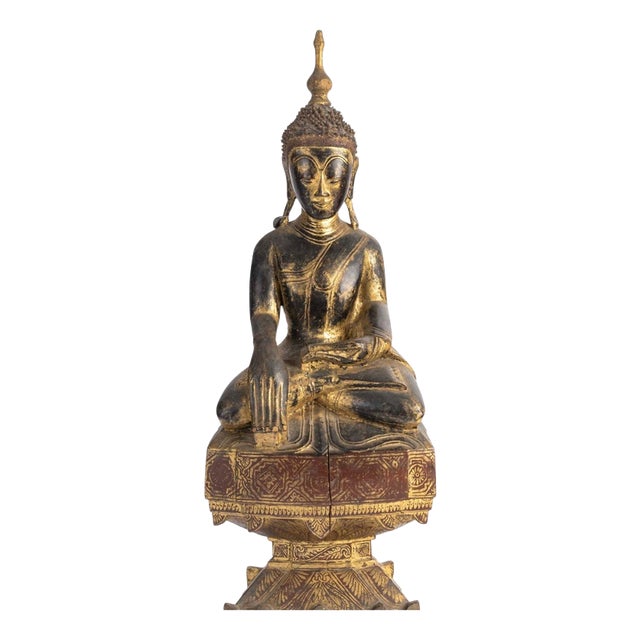 Antique Lacquered and Gilded Wooden Sculpture of Seated Buddha, 1800s For Sale