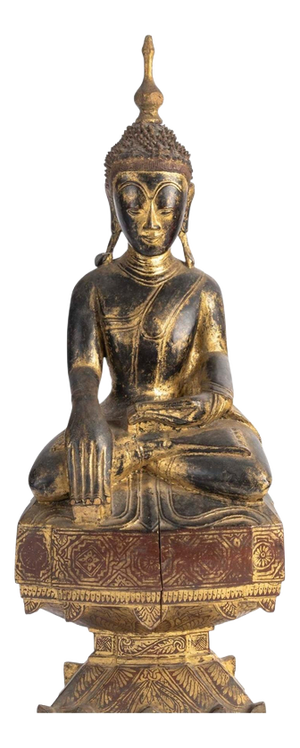 Antique Lacquered and Gilded Wooden Sculpture of Seated Buddha, 1800s