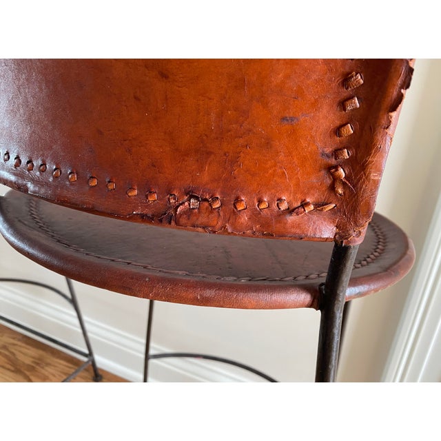 Vintage MidCentury Spanish Leather and Wrought Iron Bar Stools a