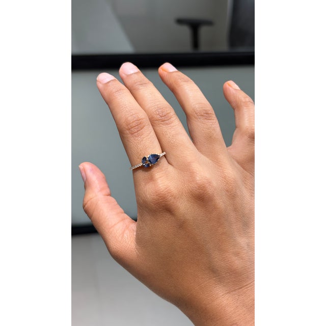 Art Deco Pear & Marquise Cut Blue Sapphire Diamond 14k Gold Art Deco Ring Size 9 For Sale - Image 3 of 17