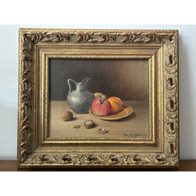 Mid 20th Century 1959 H. Weiss Original Still Life Oil Painting – Fruit, Pewter Jug & Walnuts in Ornate Gold Frame For Sale - Image 5 of 7