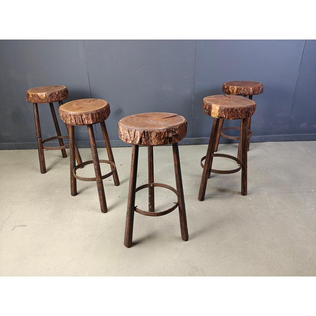 1970s Vintage Tree Trunk Bar Stools, 1970s, Set of 5 For Sale - Image 5 of 13