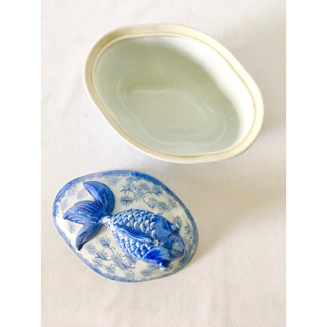 Vintage MidCentury Japanese Serving Dish With Koi Fish Lid in Blue and