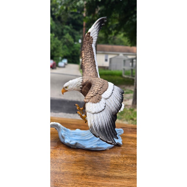 Large Limited Edition Hand-Painted Bald Eagle Sculpture in Flight With Wave Base For Sale - Image 4 of 12