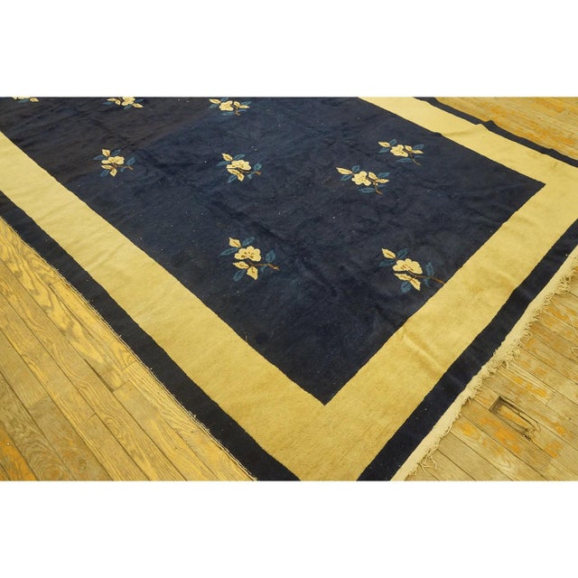 1920s Navy Minimalist Floral Deco Antique Chinese Peking Small Rug 5'9" X 11' 3" For Sale In New York - Image 6 of 8