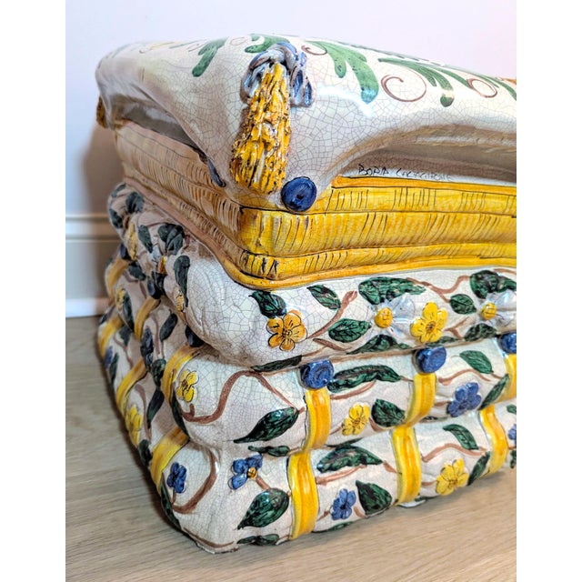 Green 1970s Italian Majolica Stacked Pillows Garden Stool or Ottoman - Trompe l'Oeil Style For Sale - Image 8 of 16