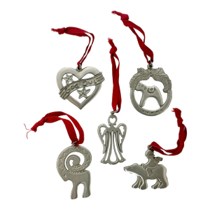 Vintage Swedish Gustavian Boho Chic Pewter Christmas Ornaments - Set of 5.