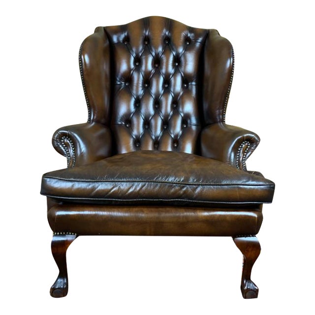 Vintage Mid Century English Leather Chesterfield Wingback Chair Brown Chairish