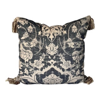 Blue and Off-White Decorative Tasseled Throw Pillow With Distressed Damask Pattern For Sale