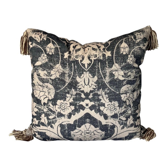 Blue and Off-White Decorative Tasseled Throw Pillow With Distressed Damask Pattern For Sale