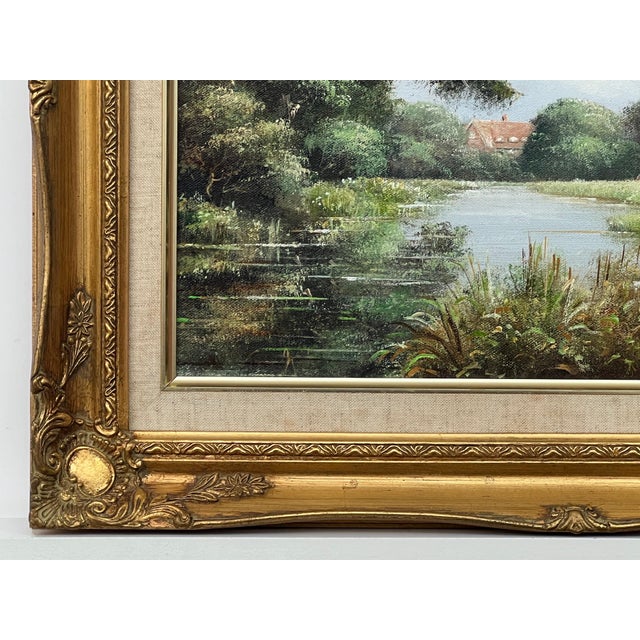 River Meadow with Cattle & Cottage in the English Countryside by British Artist 1985 Circa For Sale - Image 6 of 6