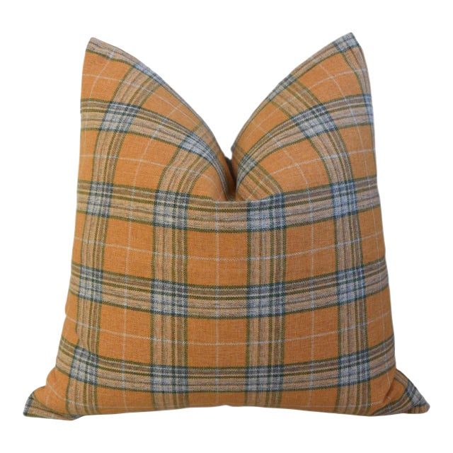 Butterscotch, Blue & White Coastal Plaid Feather/Down Pillow For Sale
