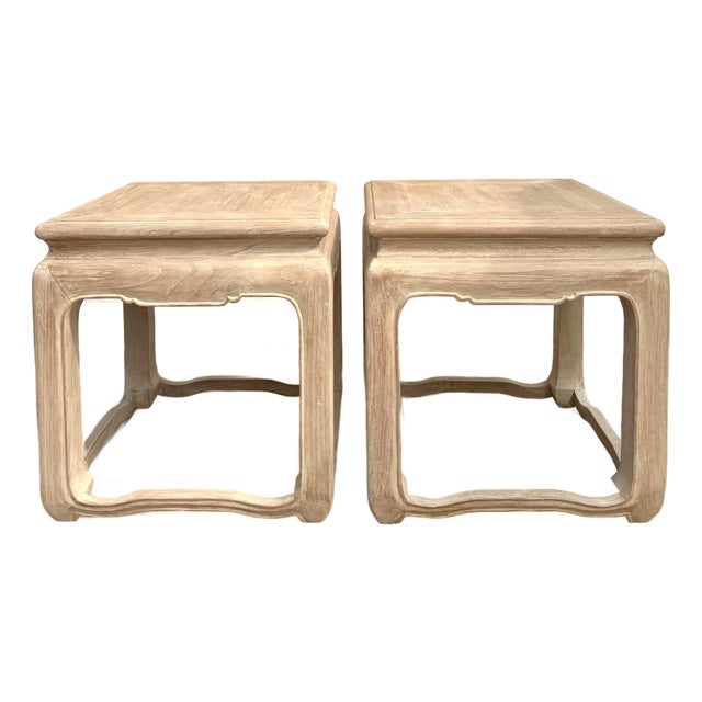 Pair of Vintage Ming-Style Solid Wood Side Tables in Bleached Whitewash Finish For Sale