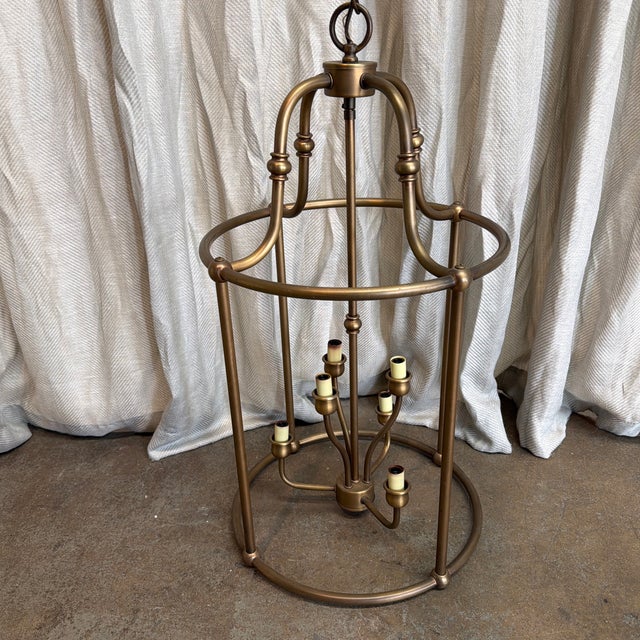 English Recency style vintage open frame aged brass patina curved shaped, six light lantern/chandelier/pendant light fixture.