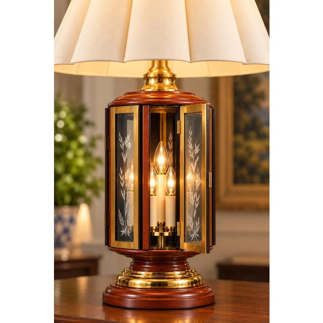 Hollywood Regency Mid 20th Century Hollywood Regency Wood, Brass & Etched Glass Lantern Table Lamps - Pair For Sale - Image 3 of 8