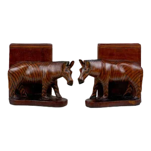 Vintage African Mahogany Carved Figural Zebra Library Bookends - a Pair