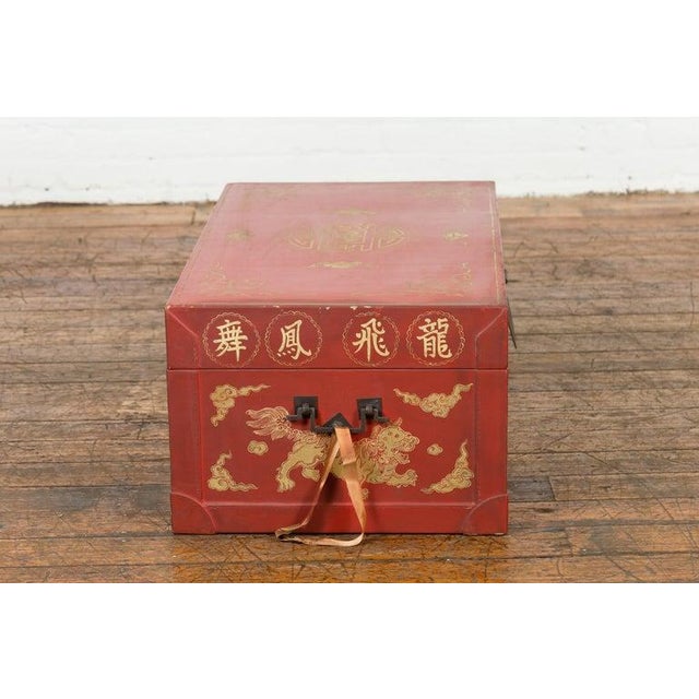 Chinese Red Lacquered Blanket Chest with Gilt Motifs & Guardian Lions For Sale - Image 12 of 12