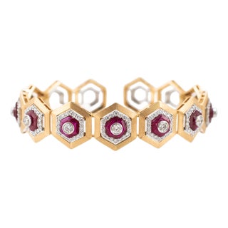 Vintage 18k Yellow & White Gold 1.58ctw Diamond Ruby Hexagon Bangle Bracelet For Sale