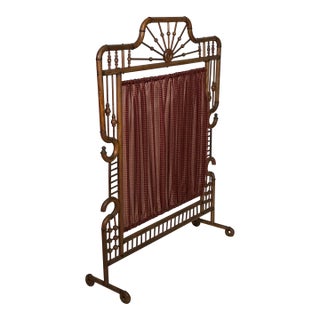 Antique Oak Stick and Ball Fireplace Screen With Fabric Insert For Sale