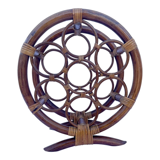 Boho Chic Tiki Bar Seven Bottle Wine Rack, Wine Storage Wine Basket in Wicker & Bamboo For Sale