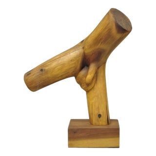 Vintage Mid Century Modern 19" Male Nude Abstract Solid Carved Wood Sculpture For Sale