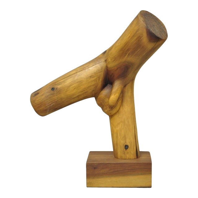 Vintage Mid Century Modern 19" Male Nude Abstract Solid Carved Wood Sculpture For Sale