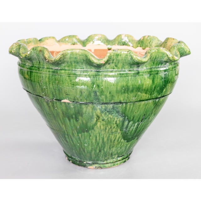 French Country Large Vintage French Green Glazed Terracotta Scalloped Bowl Planter For Sale - Image 3 of 7