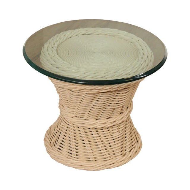 Quality Vintage Round Wicker Rattan Glass Top Side Table For Sale - Image 13 of 13