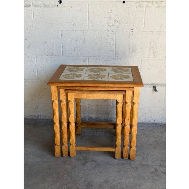 1970s Vintage Oak Tile Top Nesting Tables Set of 3 Denmark Mid-Century Modern 1970s For Sale - Image 5 of 9