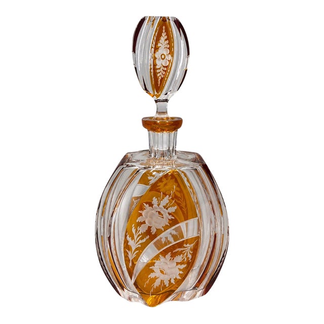 19th Century Art Deco Bohemian Artisan Amber Cut Crystal Decanter For Sale
