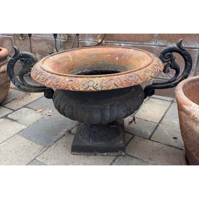 Make a dramatic statement in your garden, courtyard, patio, or entryway with this large ornate cast iron garden urn...