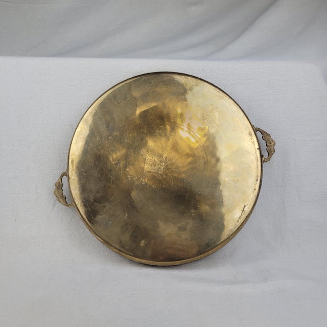 Vintage Round Brass Gallery Serving Tray Pierced Sides and Floral Handles For Sale - Image 4 of 6