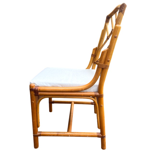 Vintage Set of 4 Chinese Chippendale Bamboo Dining Chairs With Lattice Backs For Sale - Image 9 of 16