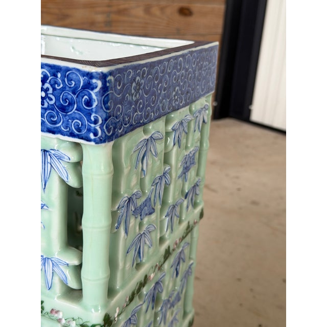 Large Pierced Celadon Faux Bamboo Ceramic Umbrella Stand or Jardinière For Sale In Naples, FL - Image 6 of 12