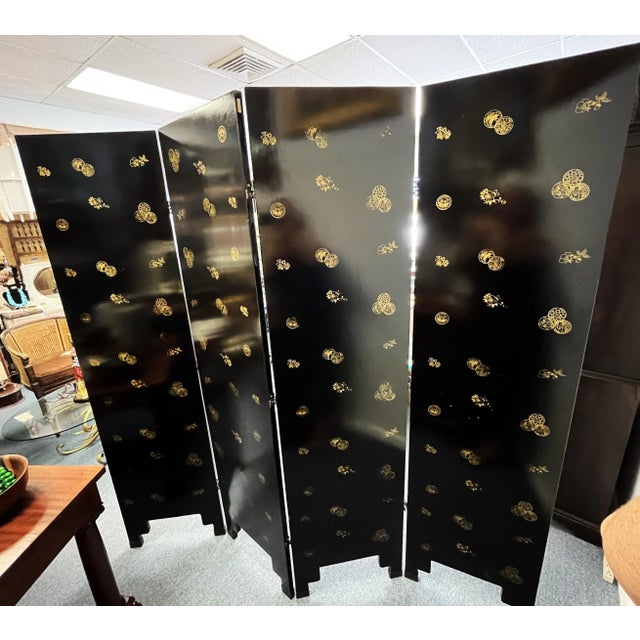 Black Mid Century Asian Double Sided Floor Screen Room Divider With Soapstone Decorations For Sale - Image 8 of 12