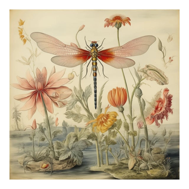20' X 20' 'Dragonfly and Flowers' # 3 - Original Watercolor Botanical Print - Hortus Floridus Style, Unframed For Sale