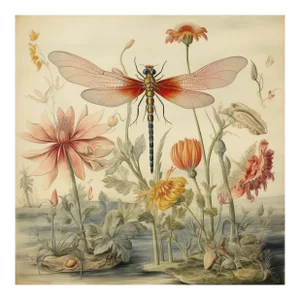 20' X 20' 'Dragonfly and Flowers' # 3 - Original Watercolor Botanical Print - Hortus Floridus Style, Unframed