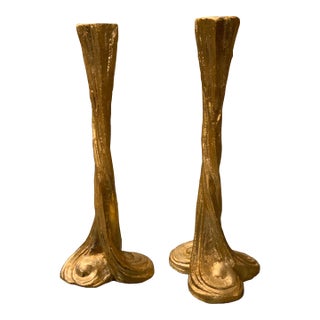 Mid 20th Century Organic Cast Metal Candle Holders - a Pair For Sale