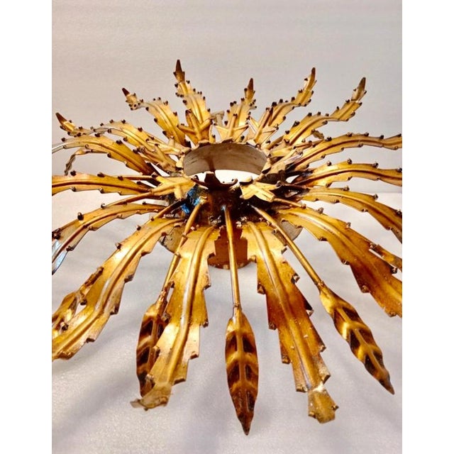 1950s Large Spanish Sunburst Flush Mount in Gilt Metal with Support, 1950 For Sale - Image 5 of 10
