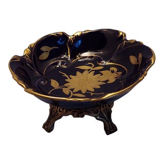 1930s Echt Kobalt Porcelain Trinket Bowl on Elegant Metal Base Made in Germany For Sale