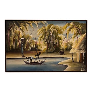 1970s Haitian Village River Scene Painting For Sale