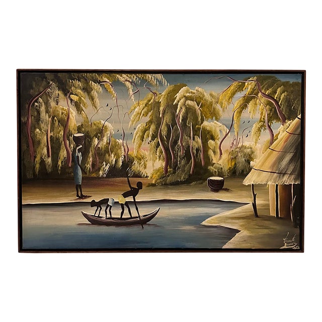 1970s Haitian Village River Scene Painting For Sale