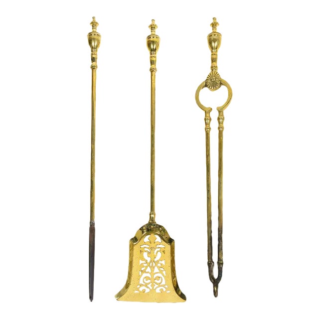Set of 3 English Cast Brass Fire Tools For Sale