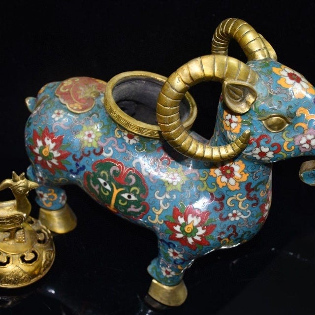 Late 20th Century Vintage Cloisonné Enamel Gilt Bronze Ram-Form Censer & Incense Burner – Qianlong Mark For Sale - Image 5 of 9