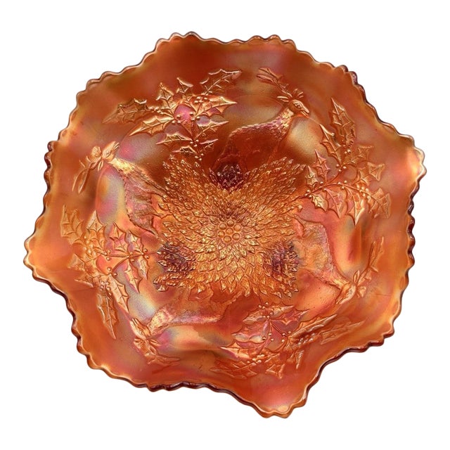 Vintage Fenton Marigold Stag & Holly Carnival Glass Footed Bow 11” X 4” For Sale