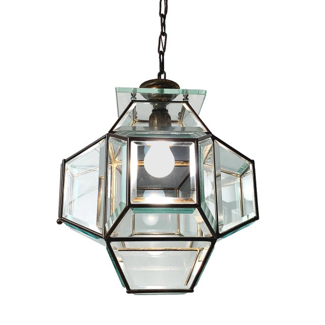 - Glass and brass lantern from the 50s - In the style of Fontana Arte - Produced in Italy - Composed of a brass frame with...
