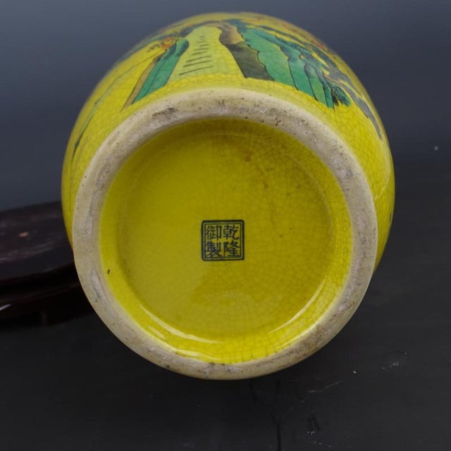 Early 20th Century Chinese Ceramic Qing Dynasty Qianlong Marked Yellow Ground Crackle Glaze Porcelain Vase Hand Painted Figures Pattern For Sale - Image 5 of 6